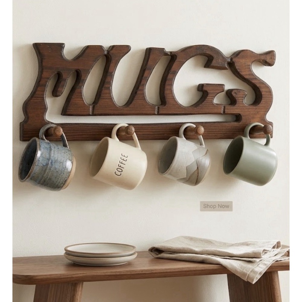 Vintage 1970's Wooden MUGS Sign Rack Four Wooden Pegs for Mugs 15.5" Cottage